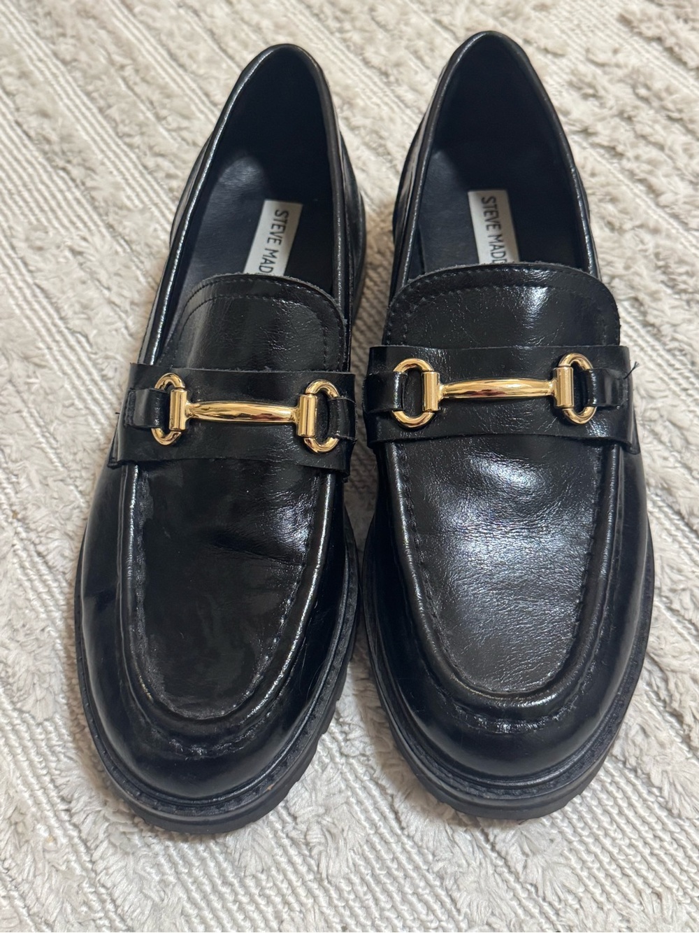 Steve Madden Black Leather Loafers with Gold Horsebit